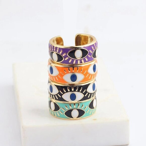 Evil Eye Enamel and Copper Adjustable Ring #1209 PURPLE - Picture 3 of 11